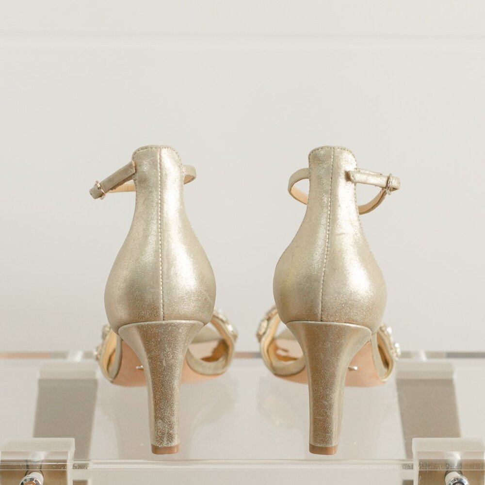 Badgley Mischka Laraine Plantino Gold Women's Leather Heels 7 Metallic Crystal - Picture 9 of 10